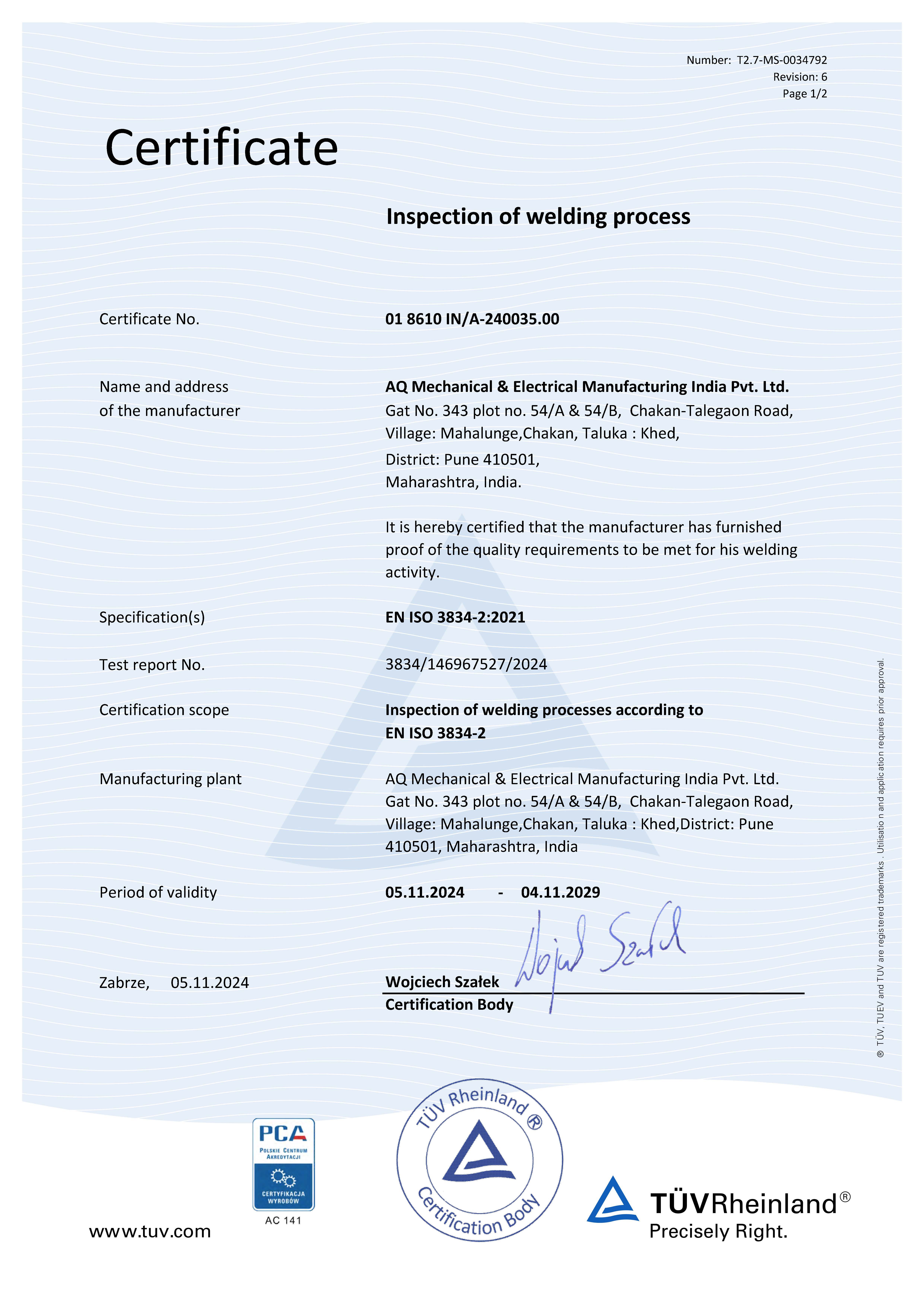 AQ India ISO 3834-2 certificate