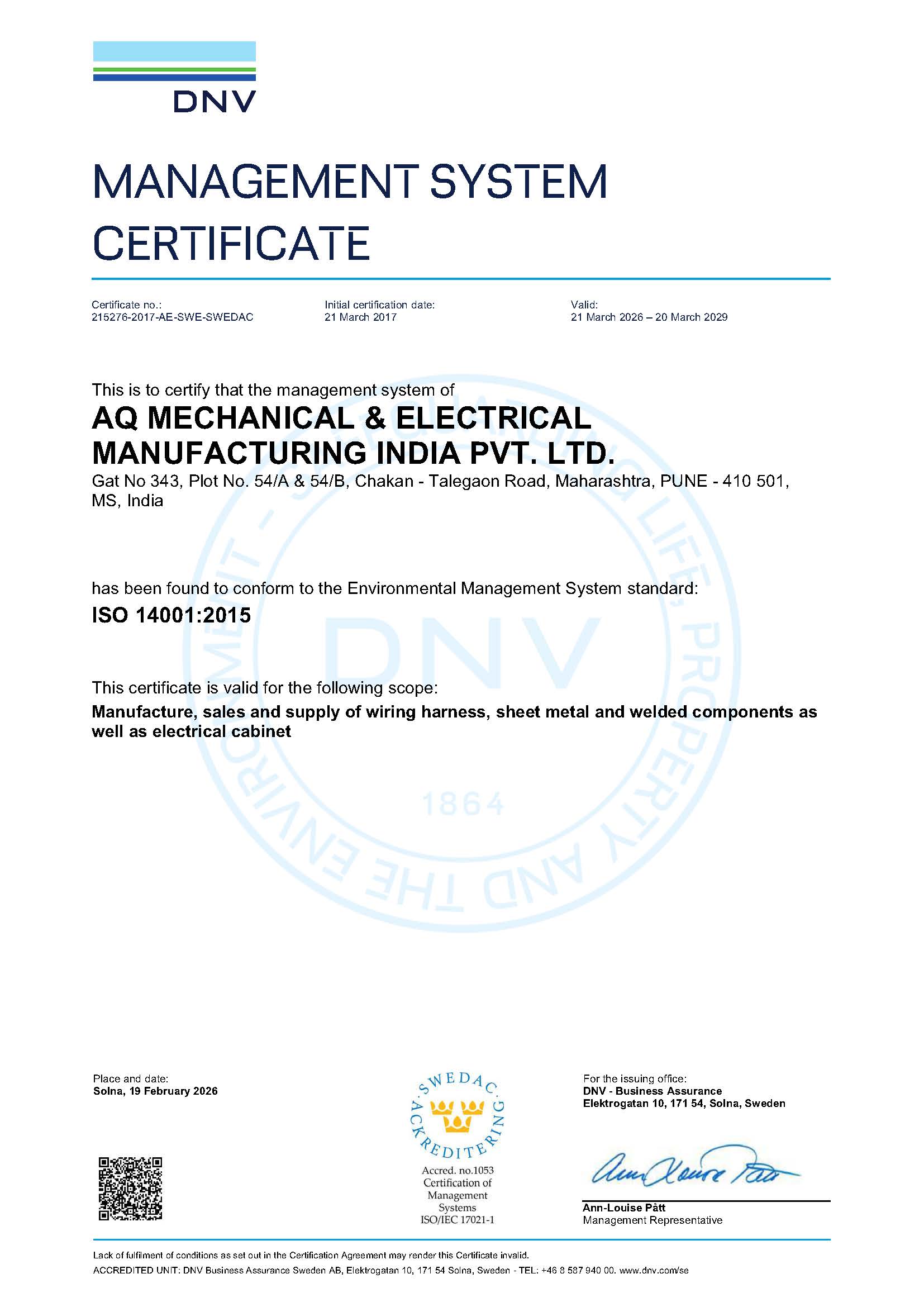 AQ India ISO 14001 certificate
