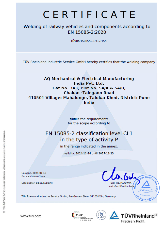AQ India EN 15085 CL1 certificate