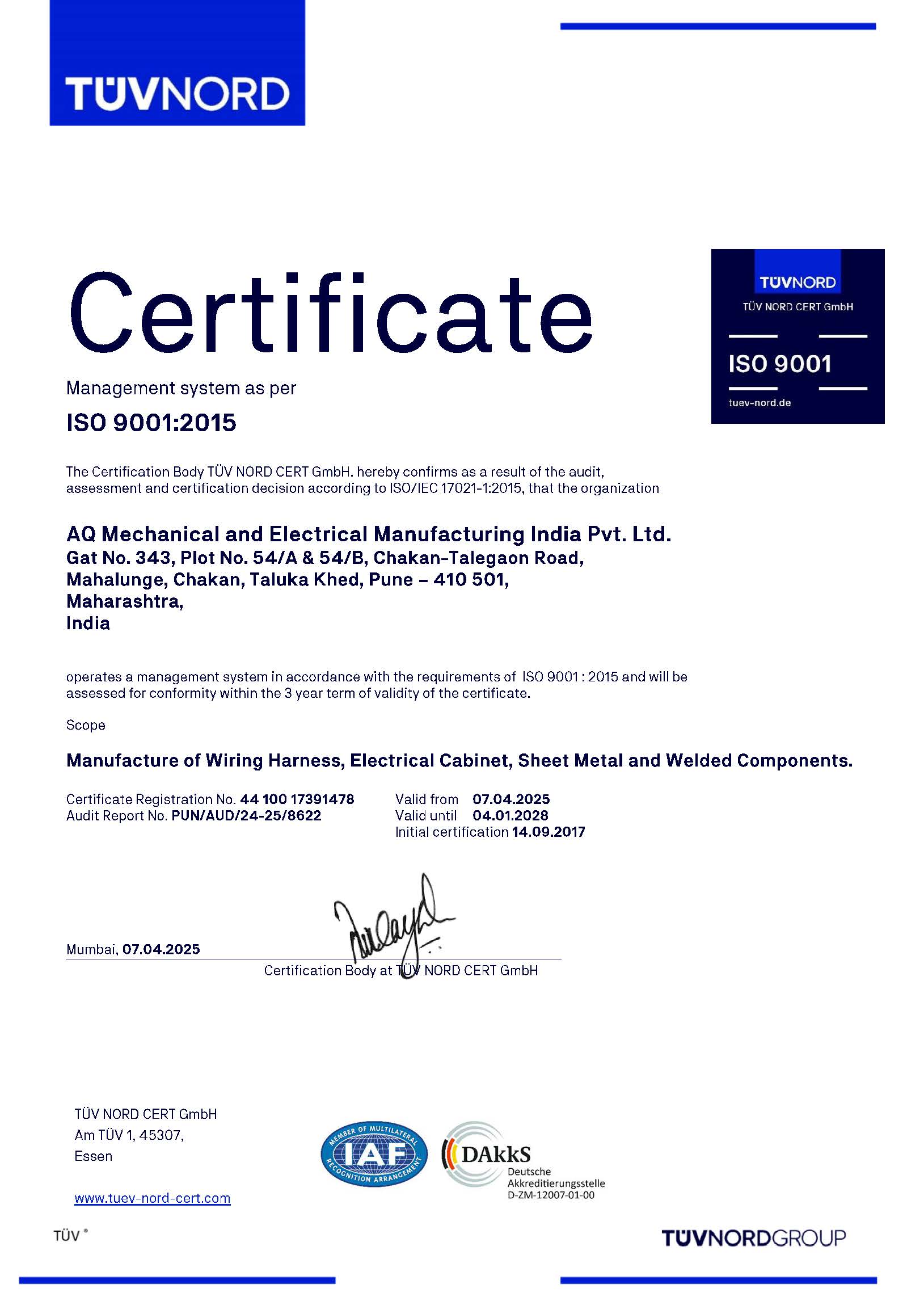 AQ India ISO 9001 certificate